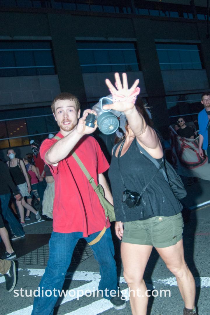 2014 Seattle May Day Protest, Protesters with Gas Mask and Camera