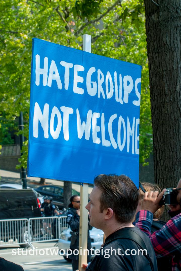 Seattle, August 18, 2018, Liberty or Death Counter Protest, Hate Groups Not Welcome Sign