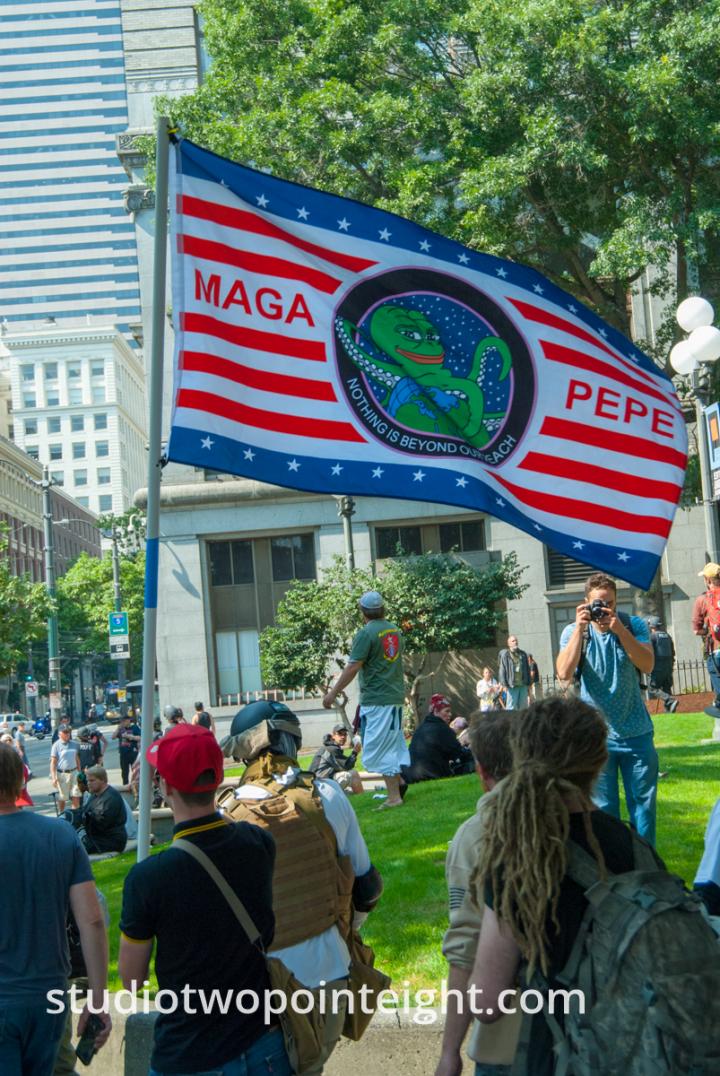 Seattle, August 18, 2018, Liberty or Death Rally Attendee Carried a MAGA PEPE Flag