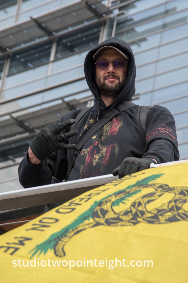 Seattle, Liberty or Death 2 Rally, December 1, 2018, Washington Three Percent Member Displayed A Dont Tread On Me Flag