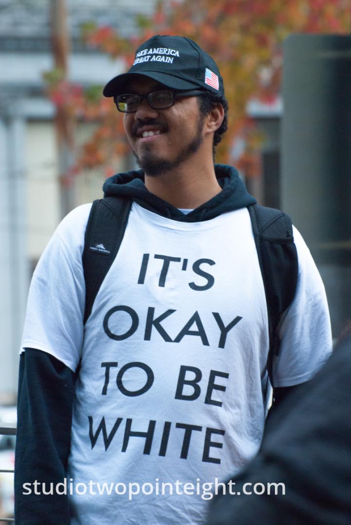 Seattle, Liberty or Death 2 Rally, December 1, 2018, A Non-European Ancestry Man Wore An Okay To Be White Shirt