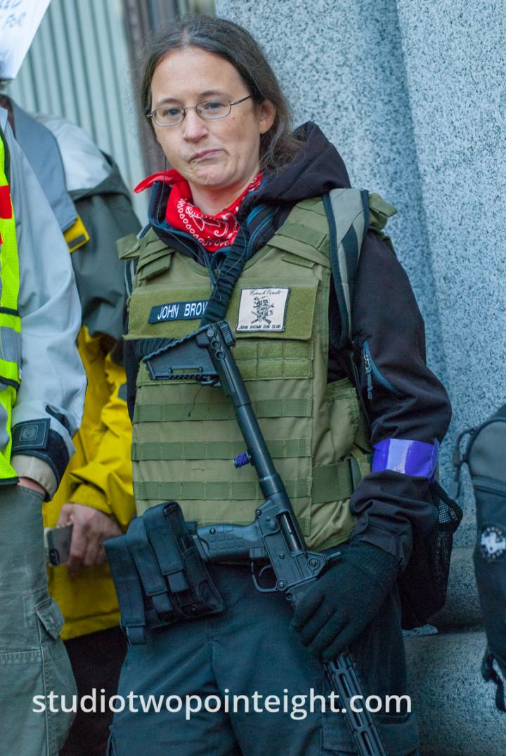 Seattle, Liberty or Death 2 Rally, December 1, 2018, Armed Female Puget Sound John Brown Gun Club Member Blocked The Sidewalk