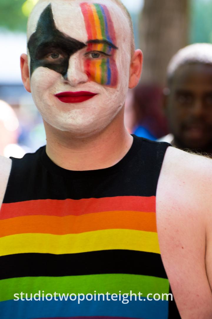 Seattle Pride 2019, Man In Harlequin Face and Pride Regalia