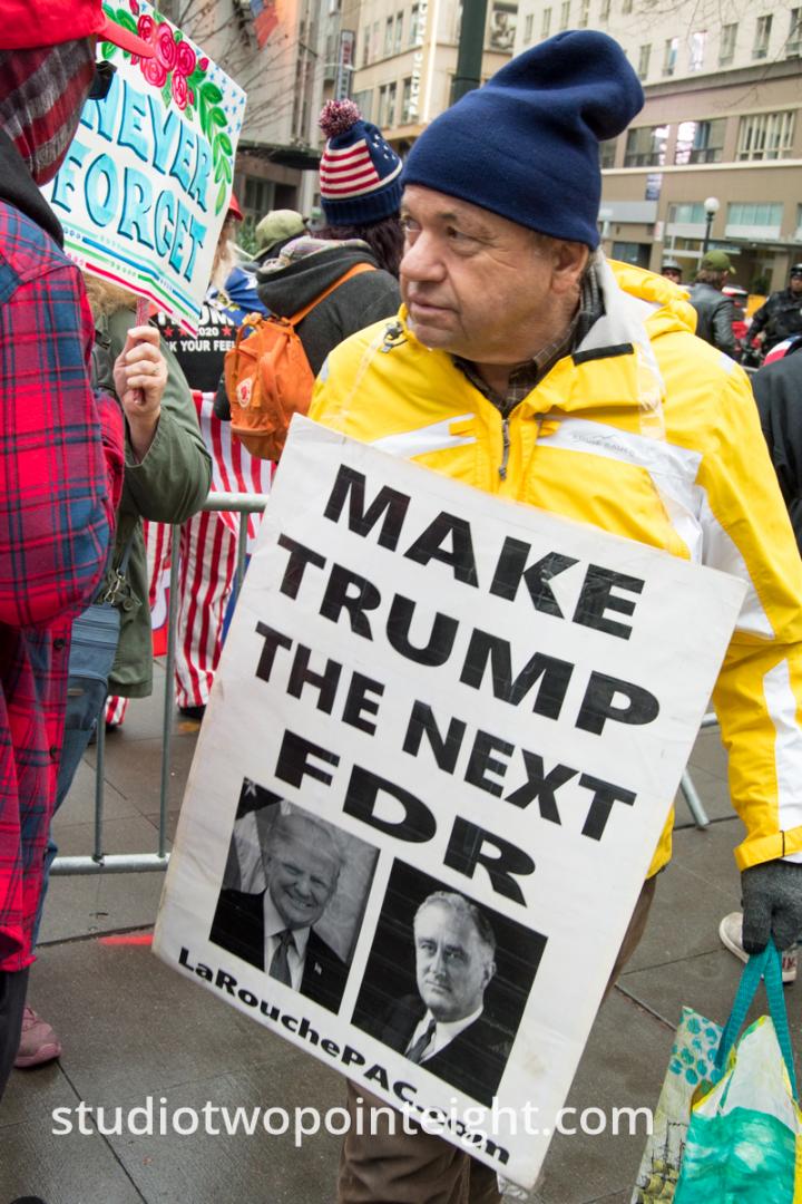 Studio 2.8, December 7, 2019, Pearl Harbor Day, McGraw Square Seattle, Man With Make Trump The Next FDR Placard