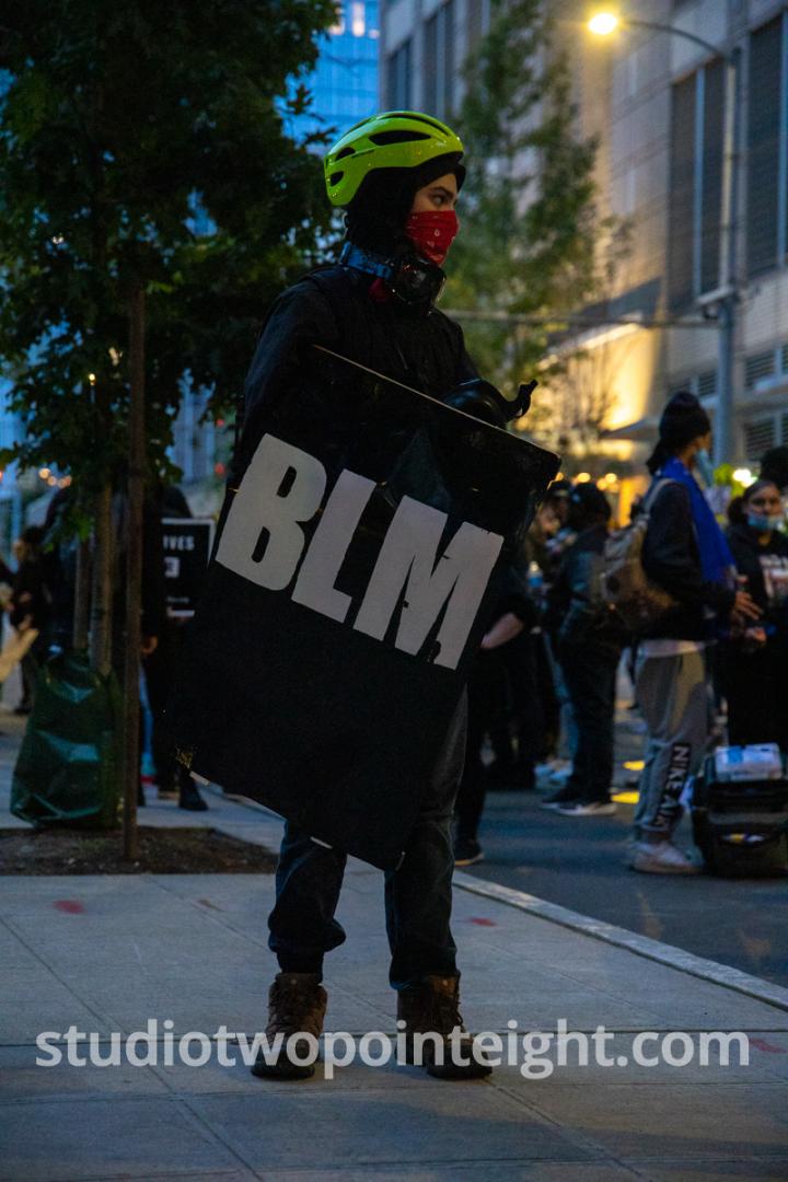 Studio 2.8, Seattle Protests, Black Lives Matter, July 2, 2020, Seattle Police West Precinct Protest With Shield Bearing BLM Acronym