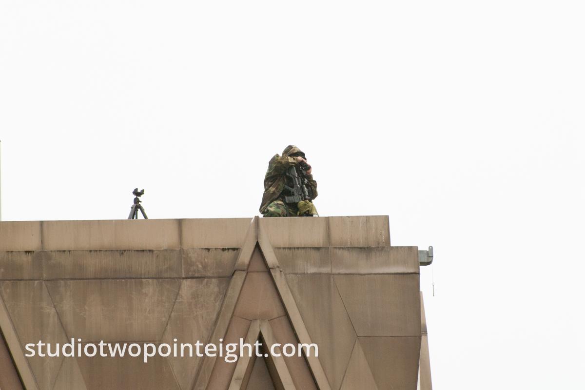Seattle, Liberty or Death 2 Rally, December 1, 2018, County Building Rooftop AR-10 Rifle Armed Police Sniper