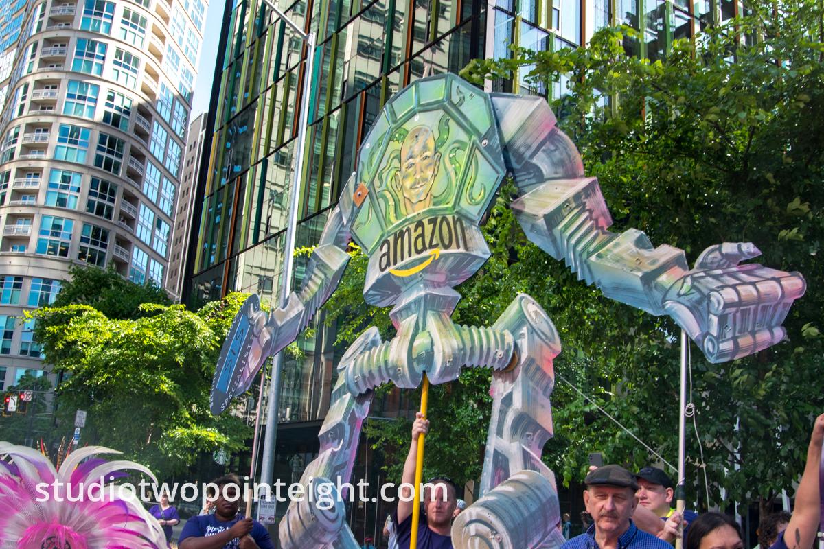 Seattle May 1, 2019 May Day Immigration and Workers Rally, Effigy of Jeff Bezos At Amazon Headquarters