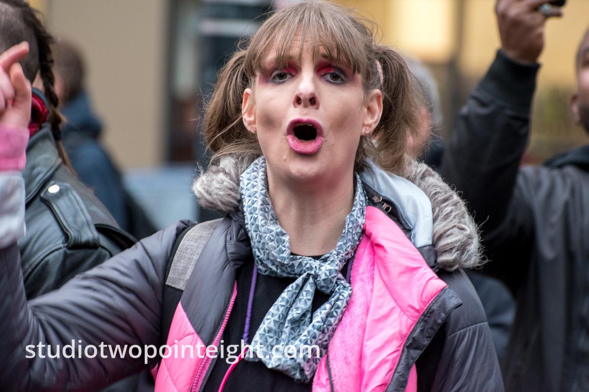 Studio 2.8, December 7, 2019, Pearl Harbor Day, McGraw Square Seattle, Shouting Counter Protester In Pink