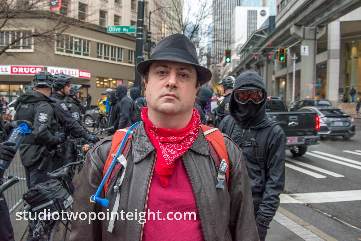 Studio 2.8, December 7, 2019, Pearl Harbor Day, McGraw Square Seattle, Anarchist Later Arrested, Trying To Be Intimidating