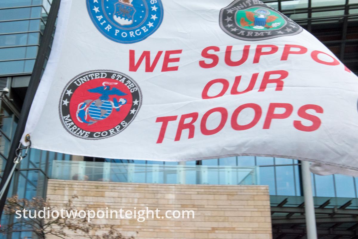 Studio 2.8, January 5, 2020, Seattle City Hall, Washington Three Percent, United Against Hate, We Support Our Troops Flag