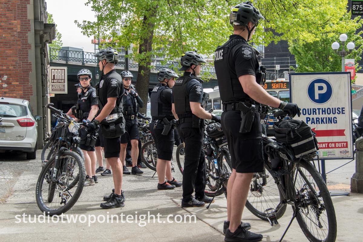 Studio 2.8, May 1, 2020, Seattle May Day End Corona Virus Lockdown Political Demonstration Wide Photo Mega Gallery, Police Line Between Political Left and Right Ideologies