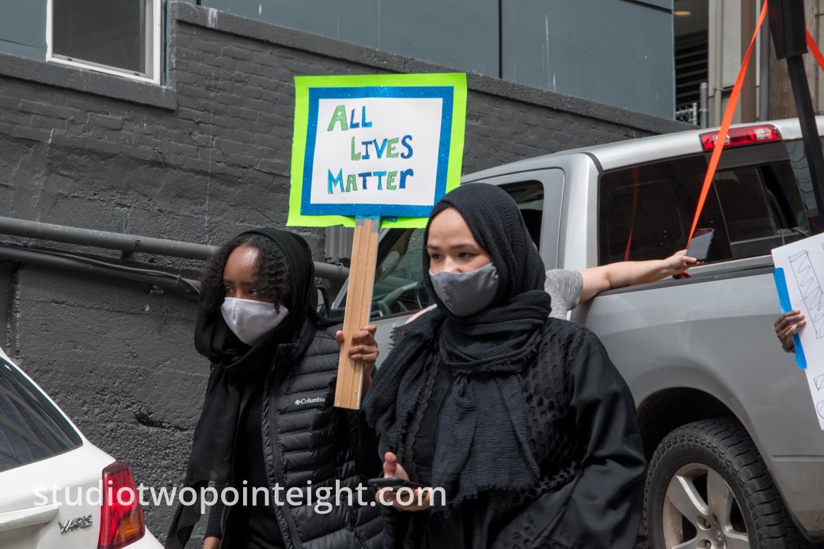Studio 2.8, May 1, 2020, Seattle May Day End Corona Virus Lockdown Political Demonstration Wide Photo Super Gallery, Two Women with All Lives Matter Sign