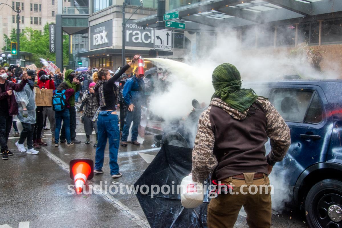 Studio 2.8, Seattle Protests, George Floyd, Black Lives Matter, Rioters Doused A Police SUV Before Burning The Vehicle