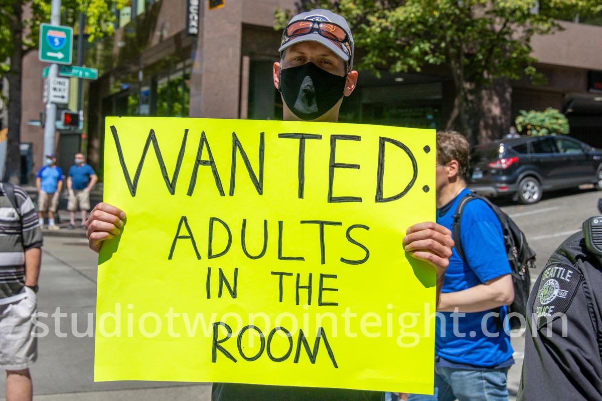 Studio 2.8, Seattle Protests, August 9, 2020 Stop Defunding Seattle Police, Political Demonstration, Counter Protest, Seattle City Hall, Super Gallery - Man with Wanted Adults In The Room Poster