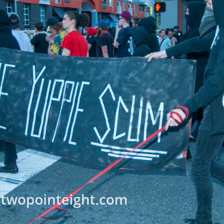 2014 Seattle May Day Protest, Masked Anarchist Black Bloc Protesters With Die Yuppie Scum Banner