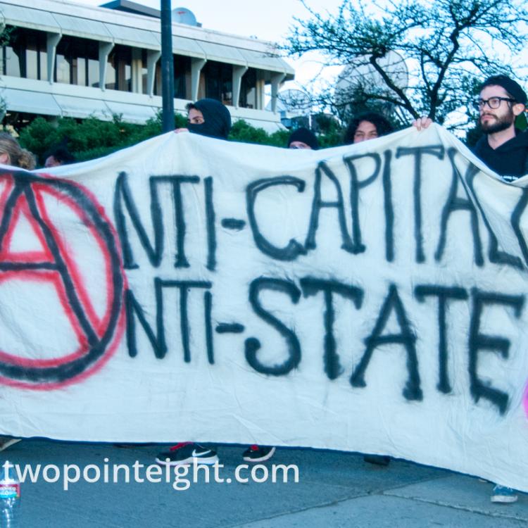 2014 Seattle May Day Protest, Anarchist Black Bloc Display Anti-Capitalist Anti-State Banner
