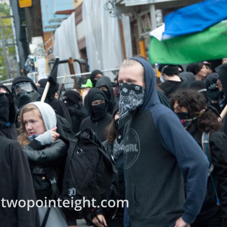 2015 Seattle May Day Protest Mayhem, A Crowd Of Antifa Anarchist Black Bloc Protesters Jeered At Police 