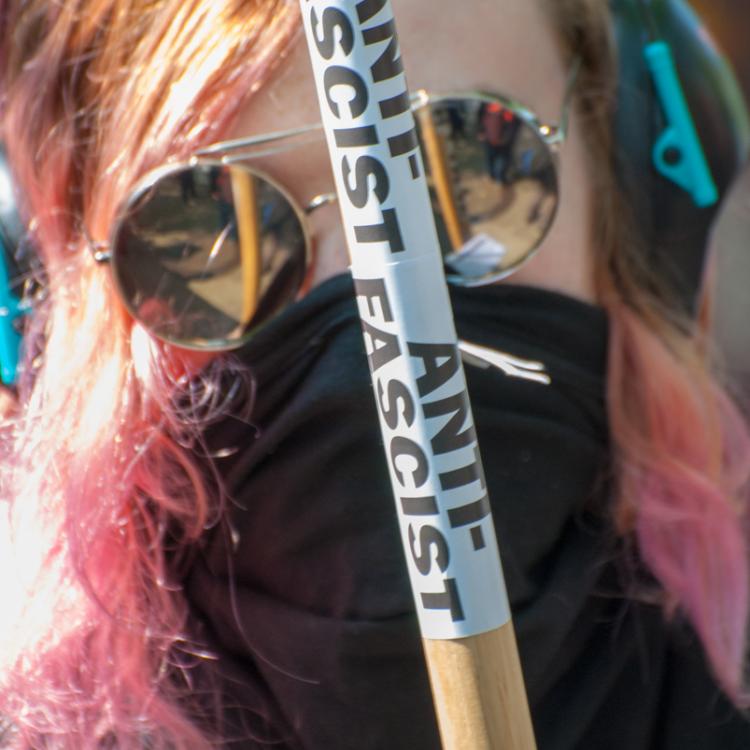 Seattle, Liberty or Death Rally, August 18, 2018, Woman Holding Antifascist Stick