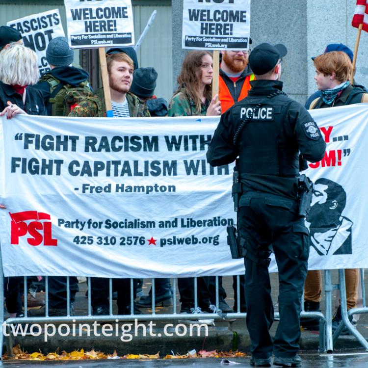 Seattle Liberty or Death 2 Rally December 1, 2018 Counter Protesters Displayed a Large Party for Socialism and Liberty Banner