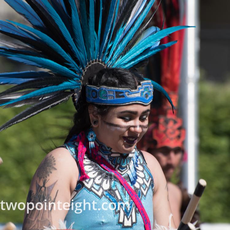 Seattle May 1, 2019 May Day Immigration Rally, Ceatl Tonalli Aztec Dancers Wearing A Blue Headdress