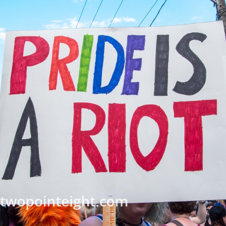 Seattle Trans Pride 2019, An Attendee Held Aloft a Pride Is A Riot Sign