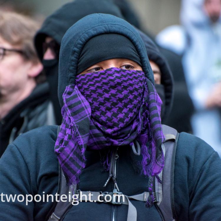 Studio 2.8, December 7, 2019, McGraw Square Seattle, Purple Bandanna Disguised Black Bloc Anarchist Later Arrested