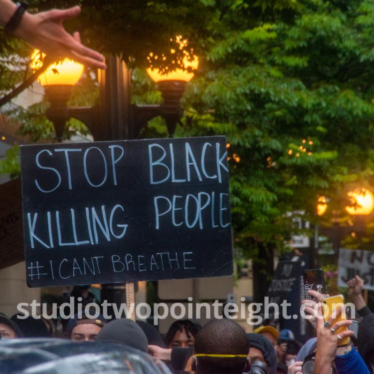 Studio 2.8, Seattle Protests, Black Lives Matter, George Floyd, May 30, 2020, Stop Killing Black People Sign Black Background With White Letters