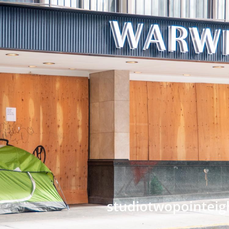 Studio 2.8 Documenting The 2020 Corona Virus Pandemic, Homeless Person Tent Camping Outside Closed, Boarded Up, Warwick Hotel