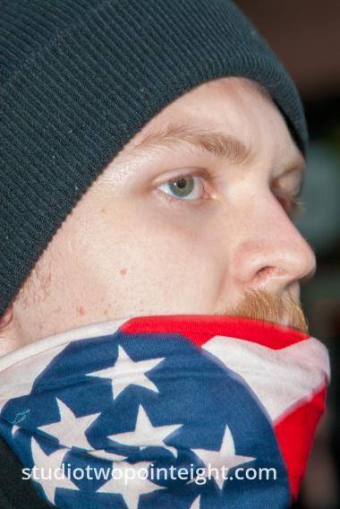 2015 Seattle May Day Protest Riot, Near Dusk A Protester's Stars and Stripes Bandanna Came Loose