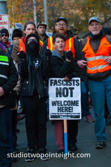 Seattle, Liberty or Death 2 Rally, December 1, 2018, Antifa and Black Bloc Counter Protesters Created A Locked Arms Sidewalk Barricade