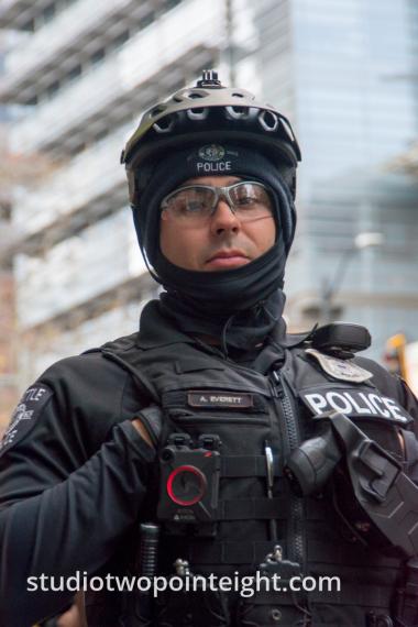 Seattle, Liberty or Death 2 Rally, December 1, 2018, This Seattle Police Officer Appeared Frightened Rather Than Fierce