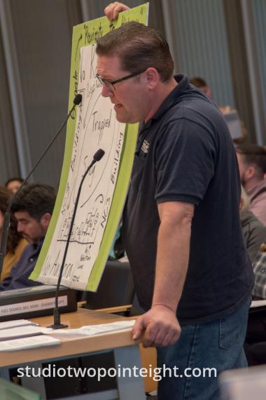 Seattle City Council, March 18, 2019, Resident Displays A Poster to Bolster His Testimony