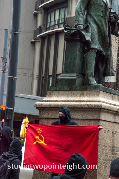 Studio 2.8, December 7, 2019, McGraw Square Seattle, Masked Anarcho-Communist Terrorists Brandish Soviet Communist Flag